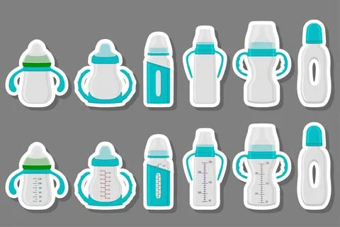 Illustration on theme big colored kit baby milk in bottle with rubber pacifie Stock Illustration