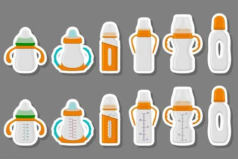 Illustration on theme big colored kit baby milk in bottle with rubber pacifie Stock Illustration