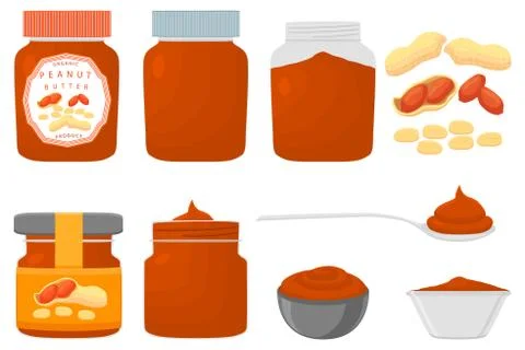 Illustration on theme big colored set different types peanut butter Stock Illustration