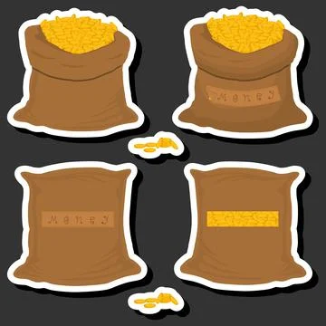Illustration on theme big colored set different types bags, full sack of coin Stock Illustration