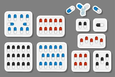 Illustration on theme big colored set different types of pills inside close.. Stock Illustration