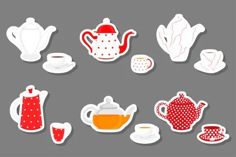 Illustration on theme big colored set different types teapots Stock Illustration