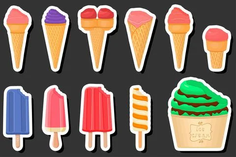 Illustration on theme big kit ice cream popsicle different types in cone wa.. Illustrazione stock
