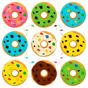 Illustration on theme big set different types sticky donuts Stock Illustration