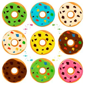 Illustration on theme big set different types sticky donuts 스톡 일러스트