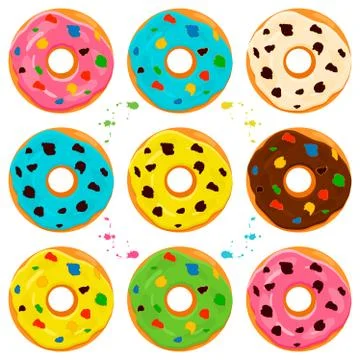 Illustration on theme big set different types sticky donuts Stock Illustration