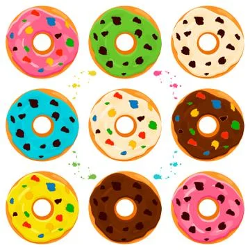 Illustration on theme big set different types sticky donuts Stock Illustration