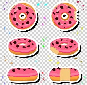 Illustration on theme big set different types sticky donuts, sweet doughnut.. Ilustración de archivo