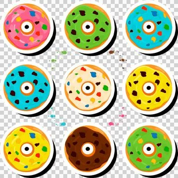 Illustration on theme big set different types sticky donuts, sweet doughnut.. Stock Illustration