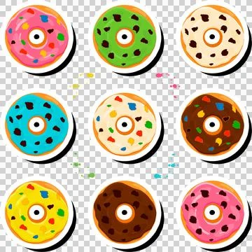 Illustration on theme big set different types sticky donuts, sweet doughnut.. Stock Illustration