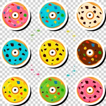 Illustration on theme big set different types sticky donuts, sweet doughnut.. Ilustración de archivo