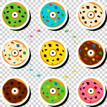 Illustration on theme big set different types sticky donuts, sweet doughnut.. Ilustración de archivo
