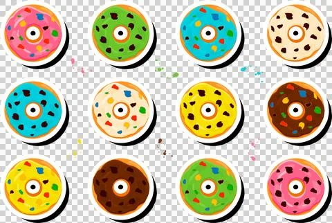 Illustration on theme big set different types sticky donuts, sweet doughnut.. Ilustración de archivo