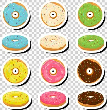 Illustration on theme big set different types sticky donuts, sweet doughnut.. Ilustración de archivo
