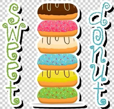Illustration on theme big set different types sticky donuts, sweet doughnut.. Ilustración de archivo