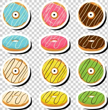 Illustration on theme big set different types sticky donuts, sweet doughnut.. Illustrazione stock