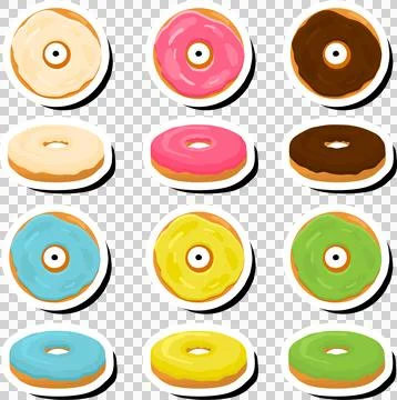 Illustration on theme big set different types sticky donuts, sweet doughnut.. Stock Illustration