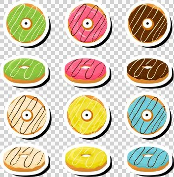 Illustration on theme big set different types sticky donuts, sweet doughnut.. Ilustración de archivo