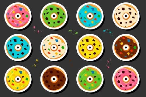 Illustration on theme big set different types sticky donuts, sweet doughnut.. Ilustración de archivo