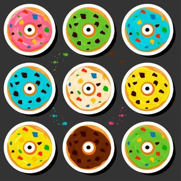 Illustration on theme big set different types sticky donuts, sweet doughnut.. Illustrazione stock