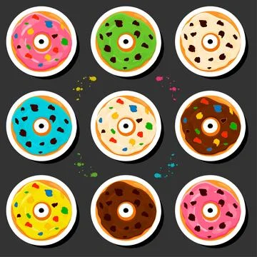 Illustration on theme big set different types sticky donuts, sweet doughnut.. Stock Illustration