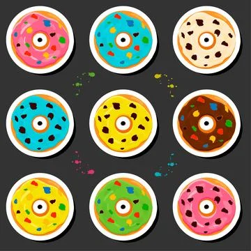 Illustration on theme big set different types sticky donuts, sweet doughnut.. Illustrazione stock