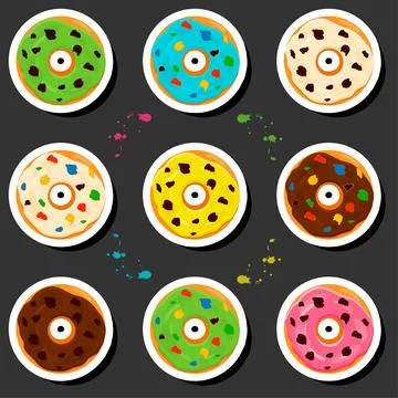 Illustration on theme big set different types sticky donuts, sweet doughnut.. Stock Illustration