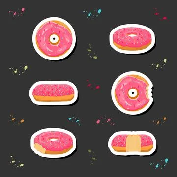 Illustration on theme big set different types sticky donuts, sweet doughnut.. Ilustración de archivo
