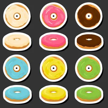 Illustration on theme big set different types sticky donuts, sweet doughnut.. Stock Illustration