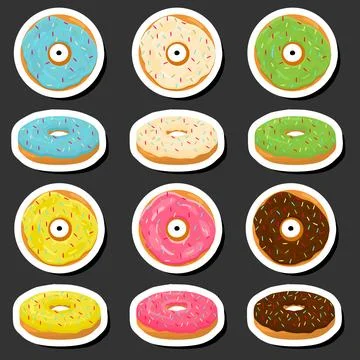 Illustration on theme big set different types sticky donuts, sweet doughnut.. Stock Illustration