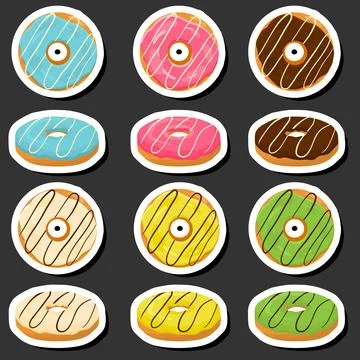 Illustration on theme big set different types sticky donuts, sweet doughnut.. Stock Illustration