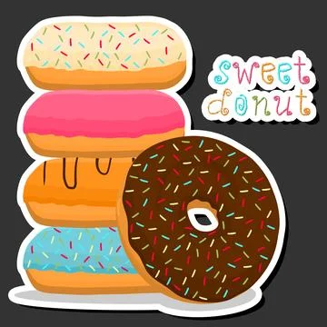 Illustration on theme big set different types sticky donuts, sweet doughnut.. Ilustración de archivo