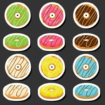 Illustration on theme big set different types sticky donuts, sweet doughnut.. Ilustración de archivo