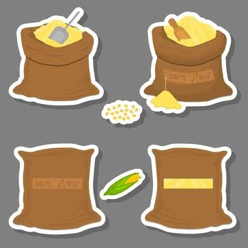 Illustration on theme big set different types sacks filled raw product corn.. Stock Illustration