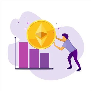 Illustration on the theme of cryptocurrencies with a guy pushing an ethereum Stock Illustration