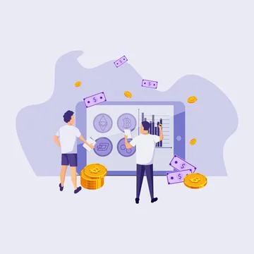 Illustration on the theme of cryptocurrencies a team of two guys are working on Illustrazione stock