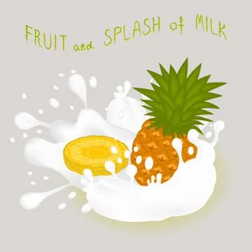 Illustration on theme falling runny pineapple drip at sugary cow milk Stock Illustration