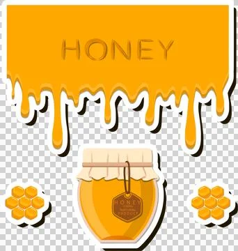 Illustration on theme sugary flowing down honey in honeycomb with bee Stock Illustration