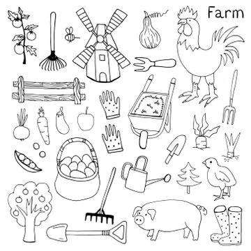 Illustration of the things and animals found at the farm on a white background. Stock Illustration