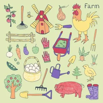Illustration of the things and animals found at the farm on a green background. Stock Illustration