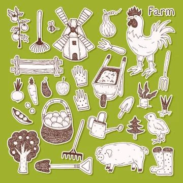 Illustration of the things and animals found at the farm on a green background. Stock Illustration