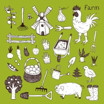 Illustration of the things and animals found at the farm on a green background. Stock Illustration