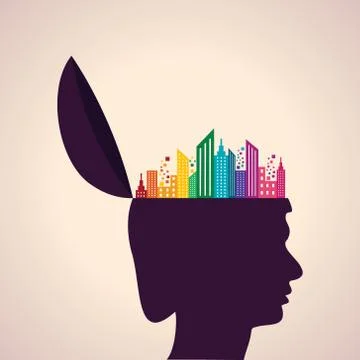 Illustration of thinking concept-Human head with colorful building icon Ilustración de archivo
