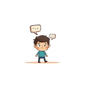 Illustration of a thoughtful young boy with speech bubbles pondering future.. Stock Illustration