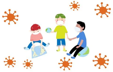 Illustration of three boys talking about coronavirus Illustrazione stock