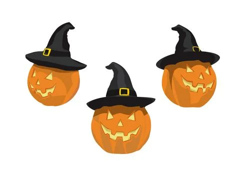 Illustration of three different styles of Halloween pumpkin heads wearing bla Illustrazione stock