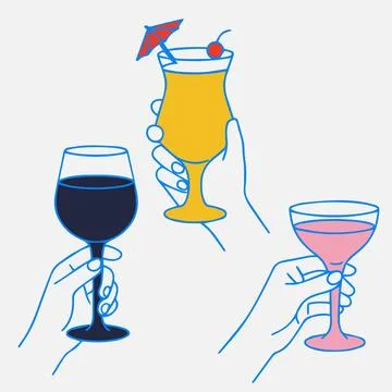 Illustration of three hands holding different cocktails in colorful glasses with Stock Illustration
