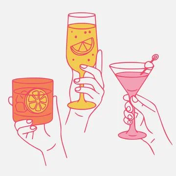 Illustration of three hands holding different cocktails in colorful glasses with Stock Illustration