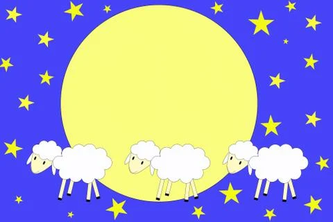 Illustration. Three lambs walking behind each other with a full moon and nigh Stock-Illustration