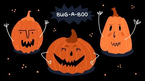 Illustration of three pumpkins with faces on a black background. Funny charac Stock Illustration